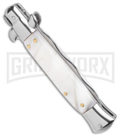 9" Anomaly Stiletto White Pearlex Automatic Knife - Kriss Satin Plain -Best Knife Shop Anomally 9in Stiletto White Pearlex Auto Satin Kriss BHQ 163544 jr side large