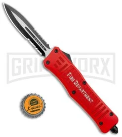 Atomic Defender Large OTF Automatic Knife Fire Dept. Red - Double Serr Two-tone -Best Knife Shop Atomic Defender Large OTF Auto Fire Department Red Double Serr TT GX 37226 jr bottlecap large