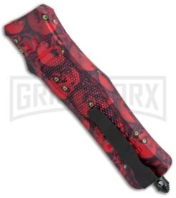 Atomic Defender Medium OTF Automatic Knife Red Skull - Two Tone Dagger Serr -Best Knife Shop Atomic Defender Medium OTF Auto Red Skull TT Dagger Serr GX 37455 jr side large