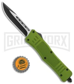 Atomic Defender Medium OTF Automatic Knife OD Green - Plain Two Tone Drop Point -Best Knife Shop Atomic Defender OD Green OTF Auto DP TT GX 36395 jr bottlecap 2 large