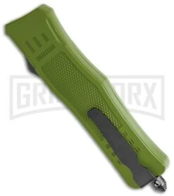 Atomic Defender Medium OTF Automatic Knife OD Green - Plain Two Tone Drop Point -Best Knife Shop Atomic Defender OD Green OTF Auto DP TT GX 36395 jr side 2 large
