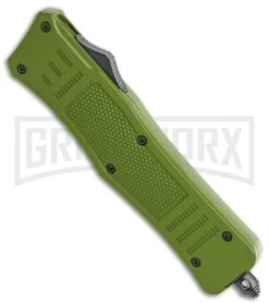 Atomic Defender Medium OTF Automatic Knife OD Green - Plain Two Tone Drop Point -Best Knife Shop Atomic Defender OD Green OTF Auto DP TT GX 36395 jr spine 2 large