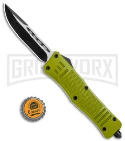Atomic Defender Medium OTF Automatic Knife OD Green - Two Tone Drop Point -Best Knife Shop Atomic Defender OTF OD Green DP TT GX 36388 jr bottlecap large
