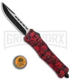 Atomic Defender Large OTF Automatic Knife Red Skull - Two Tone Drop Point -Best Knife Shop Atomic Defender Red Skull DP OTF Auto TT GX 35867 jr bottlecap large