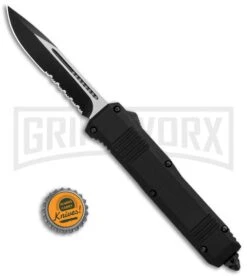 Atomic Shield Large Drop Point Black OTF Automatic Knife - Two Tone Serrated -Best Knife Shop Atomic Shield Large DP Black OTF TT Serr GX 34162 jr bottlecap large