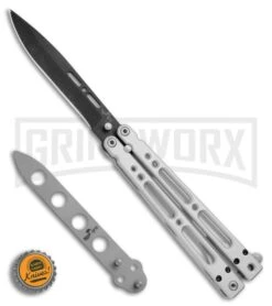 Bear OPS Bear Song IV Silver Balisong Butterfly Knife W/Trainer - Black Plain -Best Knife Shop Bear Ops Bear Song IV Aluminum trainer black BHQ 74868 er bottlecap large