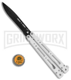 Bear OPS Bear Song IV Arctic White Balisong Butterfly Knife W/Trainer - Black -Best Knife Shop Bear Ops Bear Song IV Butterfly Arctic White Trainer Satin B 400 ALW B BHQ 79336 jr bottlecap large
