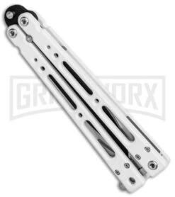 Bear OPS Bear Song IV Arctic White Balisong Butterfly Knife W/Trainer - Black -Best Knife Shop Bear Ops Bear Song IV Butterfly Arctic White Trainer Satin B 400 ALW B BHQ 79336 jr side large