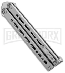 Bear Ops Bear Song VIII Gray Butterfly Knife - Clip Point Satin Plain 8 Bear Ops Bear Song VIII Gray Butterfly Knife - Clip Point Satin Plain -Best Knife Shop Bear Ops Bear Song VIII Butterfly DP Satin B 800 SS S BHQ 102069 jr side large
