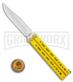 Bear Ops Bear Song VIII Yellow Butterfly Knife - Clip Point Satin Plain -Best Knife Shop Bear Ops Bear Song VIII Butterfly Knife Yellow Clip Point 4.5in Satin B 800 SSYW S BHQ 113965 LS Bottlecap large