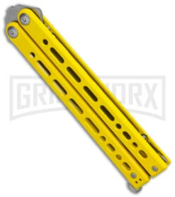 Bear Ops Bear Song VIII Yellow Butterfly Knife - Clip Point Satin Plain -Best Knife Shop Bear Ops Bear Song VIII Butterfly Knife Yellow Clip Point 4.5in Satin B 800 SSYW S BHQ 113965 LS Side large