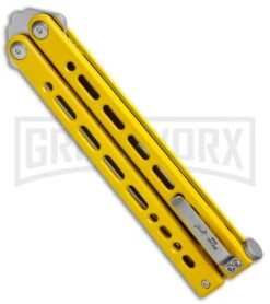 Bear Ops Bear Song VIII Yellow Butterfly Knife - Tanto Satin Plain -Best Knife Shop Bear Ops Bear Song VIII Butterfly Yellow Tanto Satin B 810 SSYW S BHQ 124341 jr side large