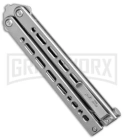 Bear Ops Bear Song VIII Small Gray Butterfly Knife - Clip Point Satin Plain -Best Knife Shop Bear Ops Bear Song VIII Small Butterfly Gray Satin CP BHQ 145121 jr side large