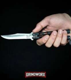 Bear And Son Knives 114 Silver Vein Balisong Butterfly Knife - Damascus Plain -Best Knife Shop Bear Son 114B Large Butterfly Knife Black Satin BHQ 0364 kp in hand web large 1