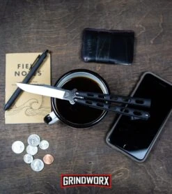 Bear And Son Knives 114 Large Balisong Butterfly Knife - Damascus Tanto -Best Knife Shop Bear Son 114B Large Butterfly Knife Black Satin BHQ 0364 kp lifestyle web large 5