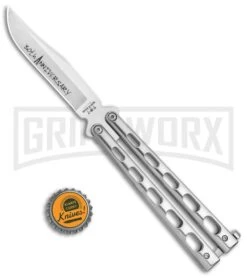 Bear & Son Silver Stainless Steel Butterfly 30th Anniversary Clip Point Satin -Best Knife Shop Bear and Son 30th Anniversary Polished Butterfly ANNSS14 S35 BHQ 121784 jr bottlecap large