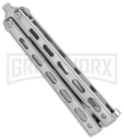 Bear & Son Silver Stainless Steel Butterfly 30th Anniversary Clip Point Satin -Best Knife Shop Bear and Son 30th Anniversary Polished Butterfly ANNSS14 S35 BHQ 121784 jr side large