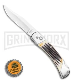 Bear And Son Stag Bone Automatic Lockback Knife - Satin Plain -Best Knife Shop Bear and Son Automatic Lockback Knife Stag Bone 5 Satin BHQ 120298 LS Bottlecap large