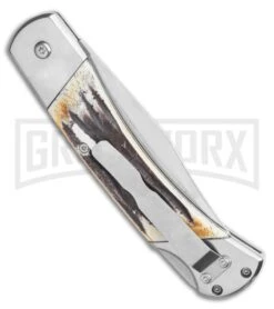 Bear And Son Stag Bone Automatic Lockback Knife - Satin Plain -Best Knife Shop Bear and Son Automatic Lockback Knife Stag Bone 5 Satin BHQ 120298 LS Side large