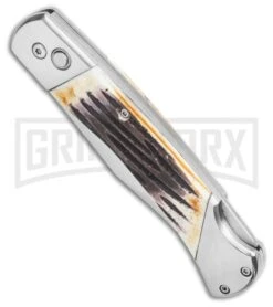 Bear And Son Stag Bone Automatic Lockback Knife - Satin Plain -Best Knife Shop Bear and Son Automatic Lockback Knife Stag Bone 5 Satin BHQ 120298 LS Spine large