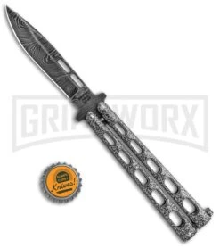 Bear & Son 115DSV Silver Vein Butterfly Knife - Damascus Plain -Best Knife Shop Bear and Son Butterfly Black Damascus 115DSV BHQ 83522 jr bottlecap large
