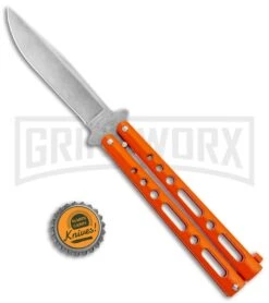 Bear & Son Butterfly Knife Orange Steel - Clip Point Plain -Best Knife Shop Bear and Son Butterfly Orange SW BHQ 135322 jr bottlecap large