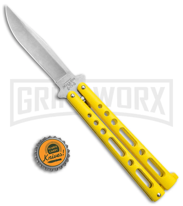 Bear & Son Knives Yellow Large 117 Balisong Butterfly Knife - Stonewash Plain 6 Bear & Son Knives Yellow Large 117 Balisong Butterfly Knife - Stonewash Plain - Image 4