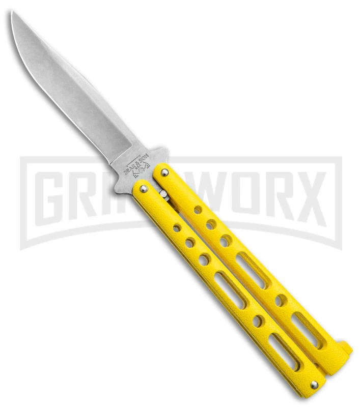 Bear & Son Knives Yellow Large 117 Balisong Butterfly Knife - Stonewash Plain 3 Bear & Son Knives Yellow Large 117 Balisong Butterfly Knife - Stonewash Plain