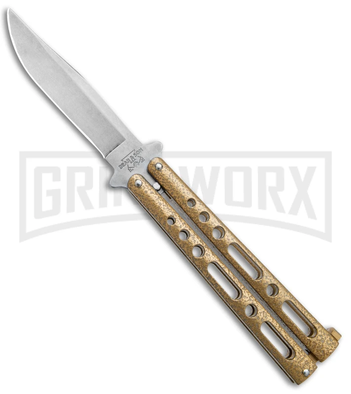 Bear & Son 117 Gold Stonewash Butterfly Knife - Stonewash Plain 3 Bear & Son 117 Gold Stonewash Butterfly Knife - Stonewash Plain