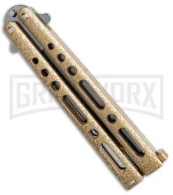 Bear & Son 117 Gold Stonewash Butterfly Knife - Stonewash Plain 8 Bear & Son 117 Gold Stonewash Butterfly Knife - Stonewash Plain -Best Knife Shop Bear and Son Large Butterfly Gold SW BHQ 140254 jr side large