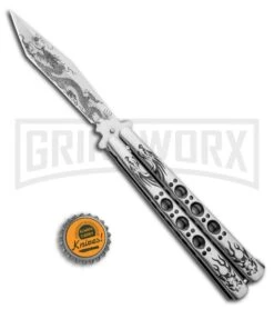 Butterfly Knife Black Dragon Etched Blade - Satin Tanto -Best Knife Shop Black Dragon Butterfly Knife Satin Tanto PK1 GX 33840 ns bottlecap large