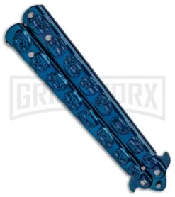 Blue Skull Balisong Blue Butterfly Knife - Blue Plain -Best Knife Shop Blue Skull Balisong Butterfly Knife Blue GX 37632 td side large