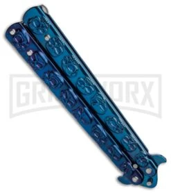 Blue Skull Balisong Blue Butterfly Knife - Blue Plain -Best Knife Shop Blue Skull Balisong Butterfly Knife Blue GX 37632 td spine large