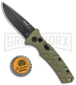 Boker Mini Strike Automatic Knife OD Green - Drop Point Black SW Plain -Best Knife Shop Boker Mini Strike Auto OD Green Smokewash 01BO437NSOI BHQ 99630 jr bottlecap large