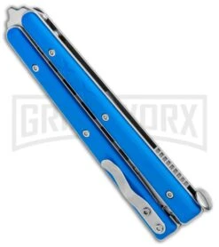 Boker Plus Mini Balisong Solid Blue Trainer Knife - Satin Dull -Best Knife Shop Boker Plus Mini Balisong Trainer Blue G 10 Satin 01BO716SOI BHQ 99640 jr side large