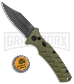 Boker Plus Strike OD Green Automatic Knife - Bowie Black Stonewash Plain -Best Knife Shop Boker Plus Strike Bowie Auto OD Green Black Wash BHQ 125301 jr bottlecap large