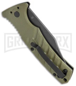 Boker Plus Strike OD Green Automatic Knife - Bowie Black Stonewash Plain -Best Knife Shop Boker Plus Strike Bowie Auto OD Green Black Wash BHQ 125301 jr side large