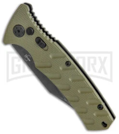 Boker Plus Strike OD Green Automatic Knife - Bowie Black Stonewash Plain -Best Knife Shop Boker Plus Strike Bowie Auto OD Green Black Wash BHQ 125301 jr spine large