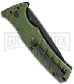 Boker Plus Strike OD Green Automatic Knife - Drop Point Black Plain -Best Knife Shop Boker Plus Strike DP Auto OD Green Black BHQ 97033 jr side large