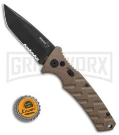 Boker Plus Strike Coyote Brown Automatic Knife - Tanto Black SW Serr -Best Knife Shop Boker Plus Strike Tanto Coyote Brown black sw serr BHQ 67885 er bottlecap large