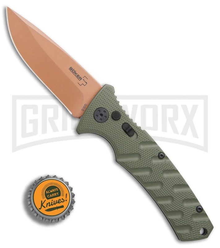 Boker Plus Strike Desert Warrior OD Green Automatic Knife - D2 Drop Point Copper 6 Boker Plus Strike Desert Warrior OD Green Automatic Knife - D2 Drop Point Copper - Image 4