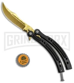 Andux CS Black Balisong Butterfly Knife W/ Black Inlays - Bowie Gold Plain 9 Andux CS Black Balisong Butterfly Knife W/ Black Inlays - Bowie Gold Plain -Best Knife Shop Butterfly Black Handle Yellow Blade BF310477 2 BHQ 81130 jr bottlecap large