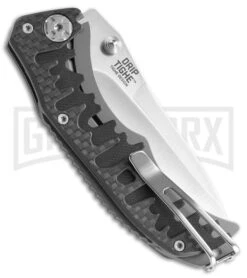CRKT Drip Tighe Gray CF/G-10 Drop Point Outburst A/O Knife - Satin Plain -Best Knife Shop CRKT Drip Tighe DP outburst satin 1190 BHQ 71235 er side large