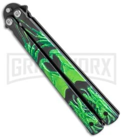 Chalkhill Balisong Black Butterfly Knife - Black/Green Dragon Handles -Best Knife Shop Chalkhill Balisong Black Butterfly Black Green Dragon Handles GX 37964 jr side large