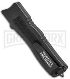 Conquest Tactical Fury Black D/A OTF Automatic Knife - Stonewash Plain -Best Knife Shop Conquest Tactical Fury DA OTF Black SW BHQ 30663 jr side large