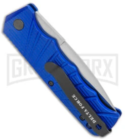 Delta Force Automatic Knife Blue Aluminum - Satin Serr -Best Knife Shop Delta Force Auto Blue Aluminum Satin Serr GX 38090 jr side large