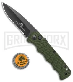 Delta Force Automatic Knife OD Green Aluminum Drop Point - Black Serr -Best Knife Shop Delta Force Auto OD Green Aluminum DP Black Serr GX 38233 jr bottlecap large