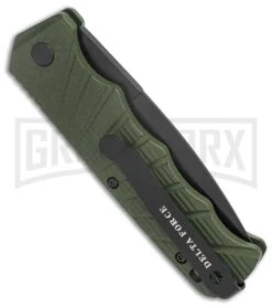 Delta Force Automatic Knife OD Green Aluminum Drop Point - Black Serr -Best Knife Shop Delta Force Auto OD Green Aluminum DP Black Serr GX 38233 jr side large