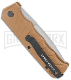 Delta Force Automatic Knife Tan Aluminum -Satin Serrated -Best Knife Shop Delta Force Auto Tan Aluminum Satin Serr GX 38096 jr side large