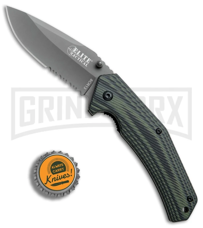 Elite Tactical A1022 Green/Black Micarta Spring Assisted Knife - Gray Serr 6 Elite Tactical A1022 Green/Black Micarta Spring Assisted Knife - Gray Serr - Image 4